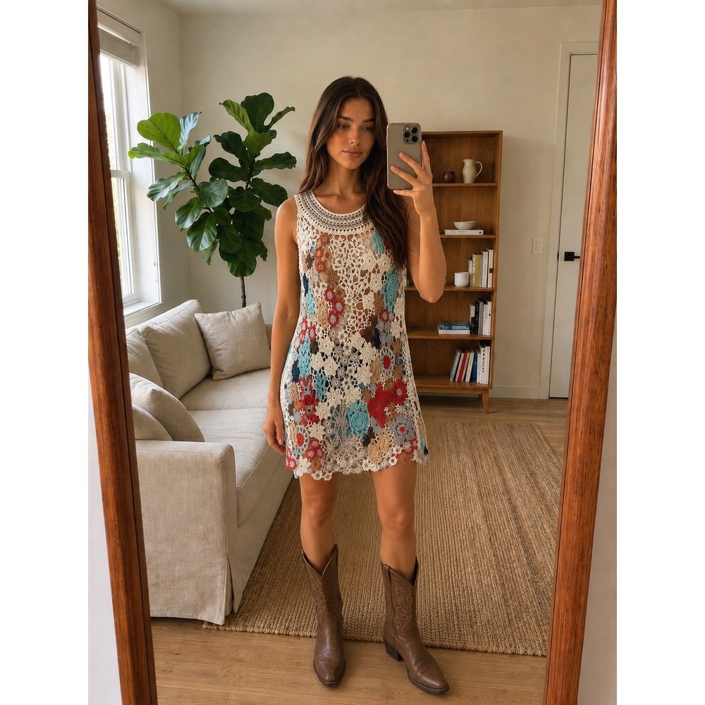 Curio Womens Floral Crochet Dress S Colorful Sleeveless Boho Cottage Festival